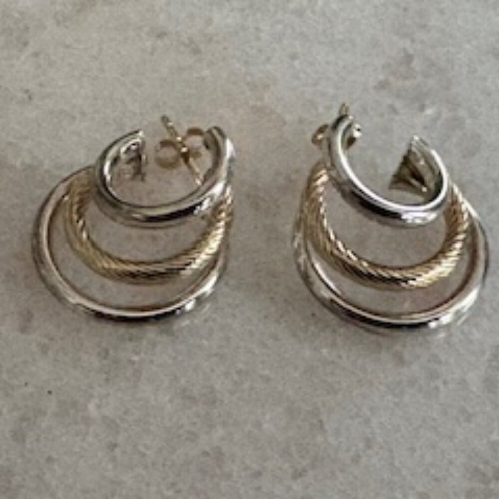 14K gold spiral pierced earrings-Polished white gold-Textured yellow gold